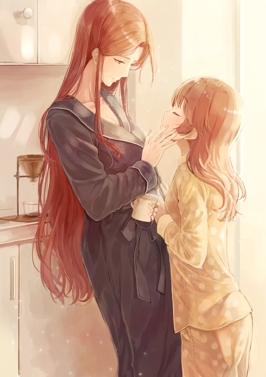 2girls, absurdres, age_difference, alternate_costume, bathrobe, brown_eyes, brown_hair, cabinet, closed_eyes, coffee_maker, collarbone, commentary_request, counter, cup, hair_down, hand_on_another's_chin, hands_on_another's_stomach, height_difference, highres, holding, holding_cup, idolmaster, idolmaster_cinderella_girls, implied_yuri, indoors, kitchen, leaning_on_object, light_particles, long_hair, looking_at_another, morning, mug, multiple_girls, pajamas, peppe, shiina_noriko, sidelocks, smile, touching_another's_chin, very_long_hair, yuri, zaizen_tokiko