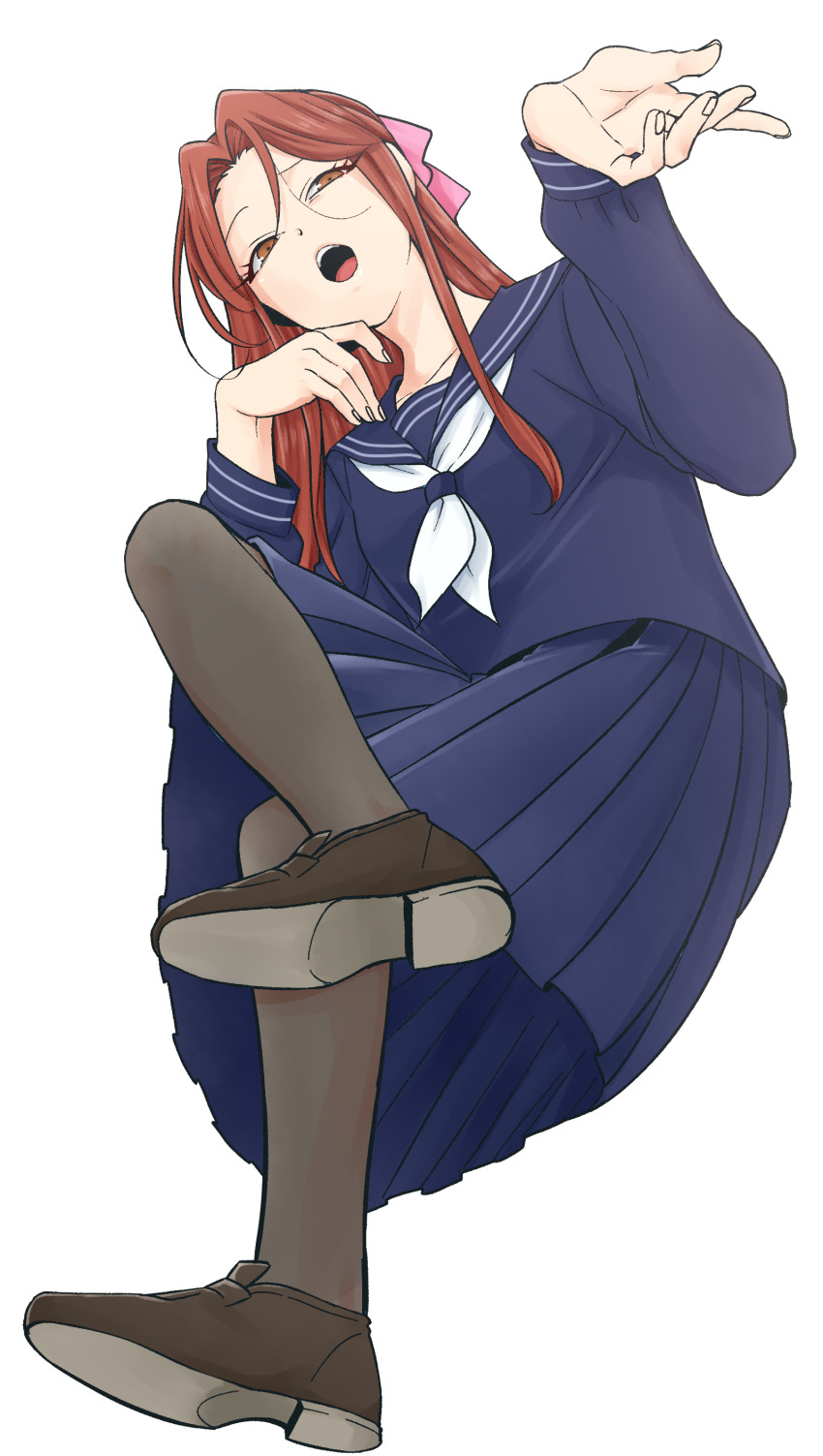 1girl, absurdres, black_pantyhose, blue_serafuku, brown_hair, commentary_request, crossed_legs, eyelashes