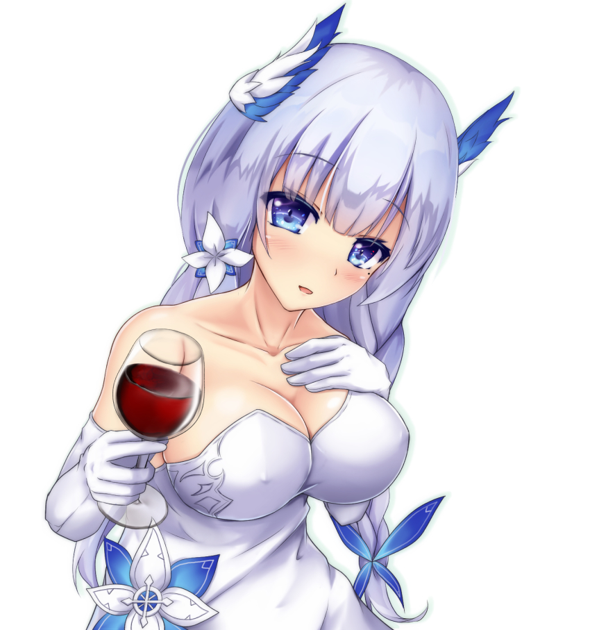 1girl, :d, alcohol, azur_lane, bai_da, bare_shoulders, blue_eyes, blush, braid, breasts, cleavage, covered_erect_nipples, cup, dress, drinking_glass, elbow_gloves, female_focus, flower, gloves, hair_flower, hair_ornament, hand_on_own_chest, highres, holding, holding_cup, illustrious_(azur_lane), illustrious_(illustrious_ball)_(azur_lane), large_breasts, long_hair, looking_at_viewer, mole, mole_under_eye, open_mouth, silver_hair, simple_background, smile, solo, strapless, strapless_dress, upper_body, white_background, white_dress, white_gloves, wine, wine_glass