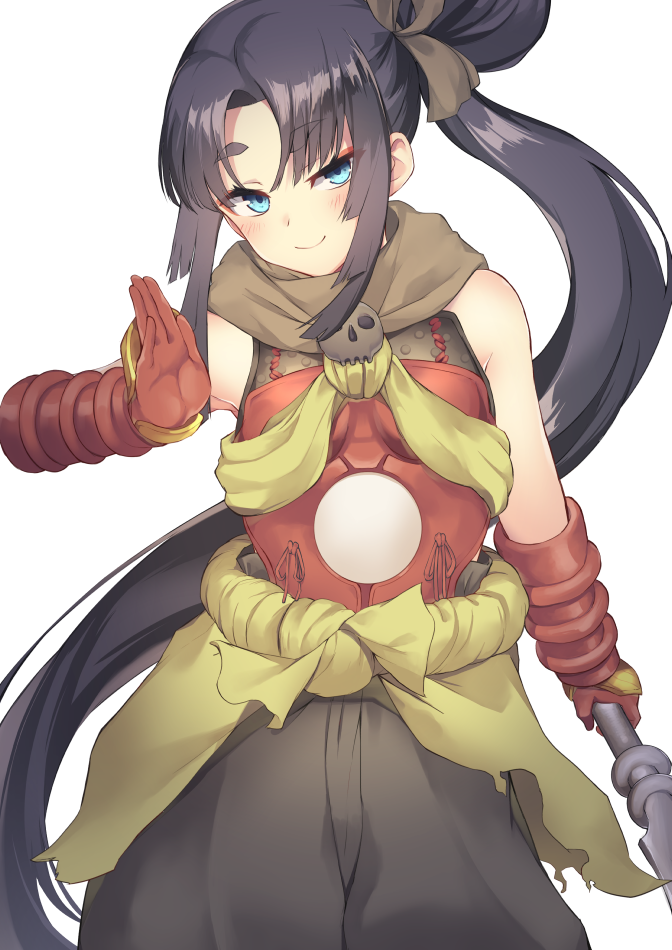 1girl, armor, baggy_pants, bare_shoulders, black_hair, blue_eyes, blush, breastplate