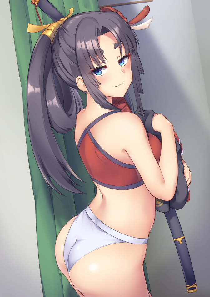 1girl, ass, back, bare_shoulders, bikini, black_hair, blue_eyes, blush, breasts, closed_mouth, fate/grand_order, fate_(series), female_focus, katana, long_hair, looking_at_viewer, mask, medium_breasts, parted_bangs, pinta_(ayashii_bochi), red_bikini, side_ponytail, smile, solo, swimsuit, sword, tengu_mask, thick_eyebrows, ushiwakamaru_(fate), ushiwakamaru_(swimsuit_assassin)_(fate), ushiwakamaru_(swimsuit_assassin)_(second_ascension)_(fate), very_long_hair, weapon, white_bikini