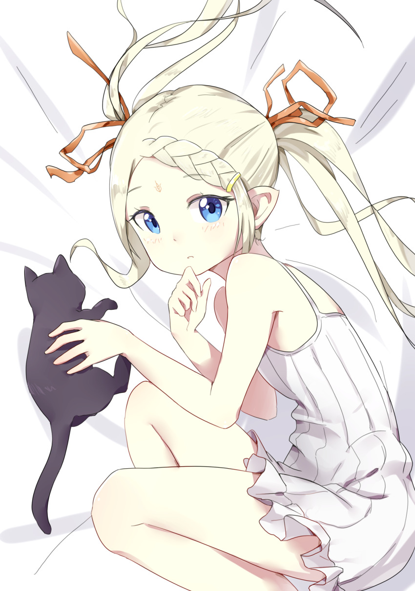 1girl, absurdres, black_cat, blonde_hair, blue_eyes, braid, breasts, cat, cop_craft:_dragnet_mirage_reloaded, facial_mark, forehead_mark, hair_ribbon, highres, kuroi_(dragnet), long_hair, looking_at_viewer, pajamas, pg_(pege544), pointy_ears, red_ribbon, ribbon, simple_background, small_breasts, tilarna_exedilika, twintails, white_pajamas