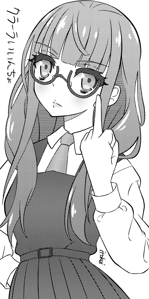 1girl, blunt_bangs, blush, dress, fairy_gone, glasses, greyscale, hand_on_own_hip