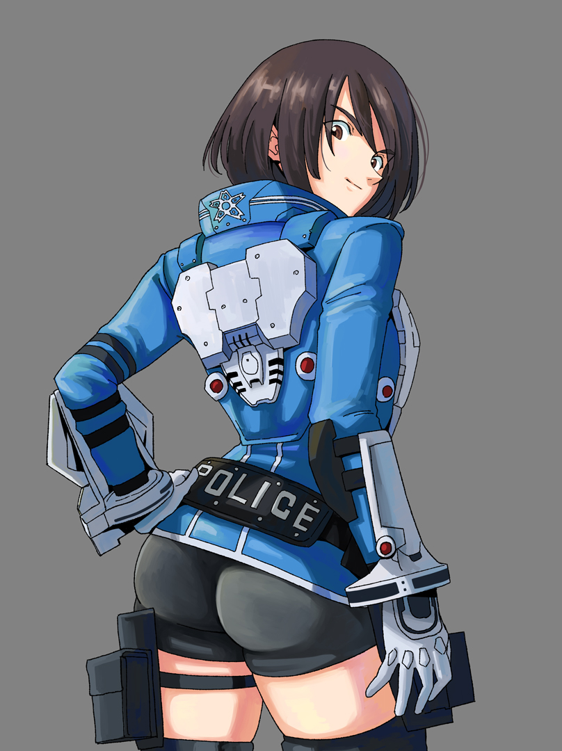 1girl, akira_howard_(female), ass, astral_chain, black_hair, breasts, brown_hair, from_behind, gloves, hand_on_own_hip, looking_at_viewer, nintendo, platinumgames, police, police_uniform, policewoman, remon99, short_hair, shorts, smile, smug, standing