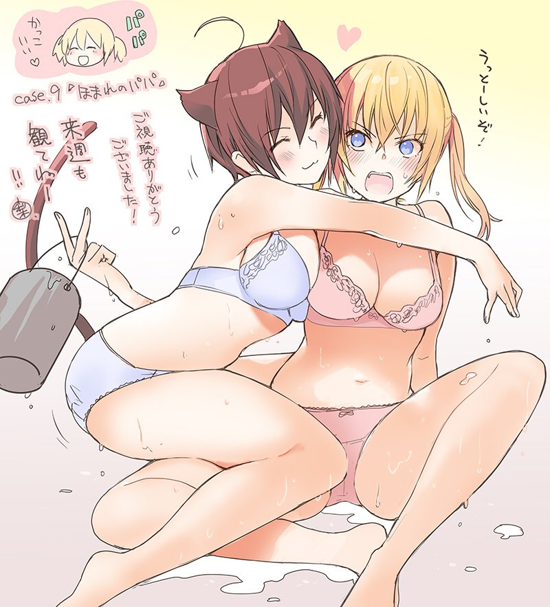 2girls, :3, ahoge, angry, animal_ears, blonde_hair, blue_eyes, blush