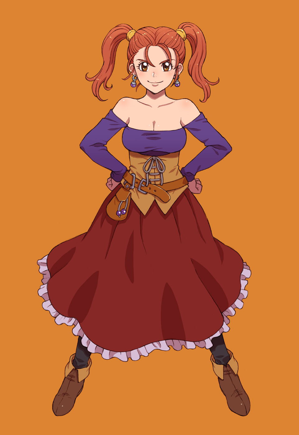 1girl, bare_shoulders, belt, belt_buckle, black_pantyhose, breasts, brown_belt, brown_footwear, buckle, cleavage, closed_mouth, collarbone, corset, dragon_quest, dragon_quest_viii, earrings, female_focus, frilled_skirt, frills, full_body, hands_on_own_hips, highres, jessica_albert, jewelry, legs_apart, long_hair, long_skirt, long_sleeves, looking_at_viewer, medium_breasts, off-shoulder_shirt, off_shoulder, orange_background, orange_eyes, orange_hair, pantyhose, pouch, purple_shirt, red_skirt, shirt, simple_background, skirt, sleeves_past_wrists, smile, solo, tanuki_koubou, twintails