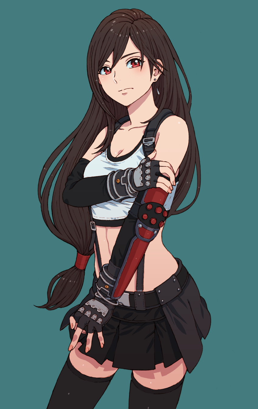 1girl, aqua_background, arm_warmers, bare_shoulders, black_bra, black_gloves, black_hair, black_skirt