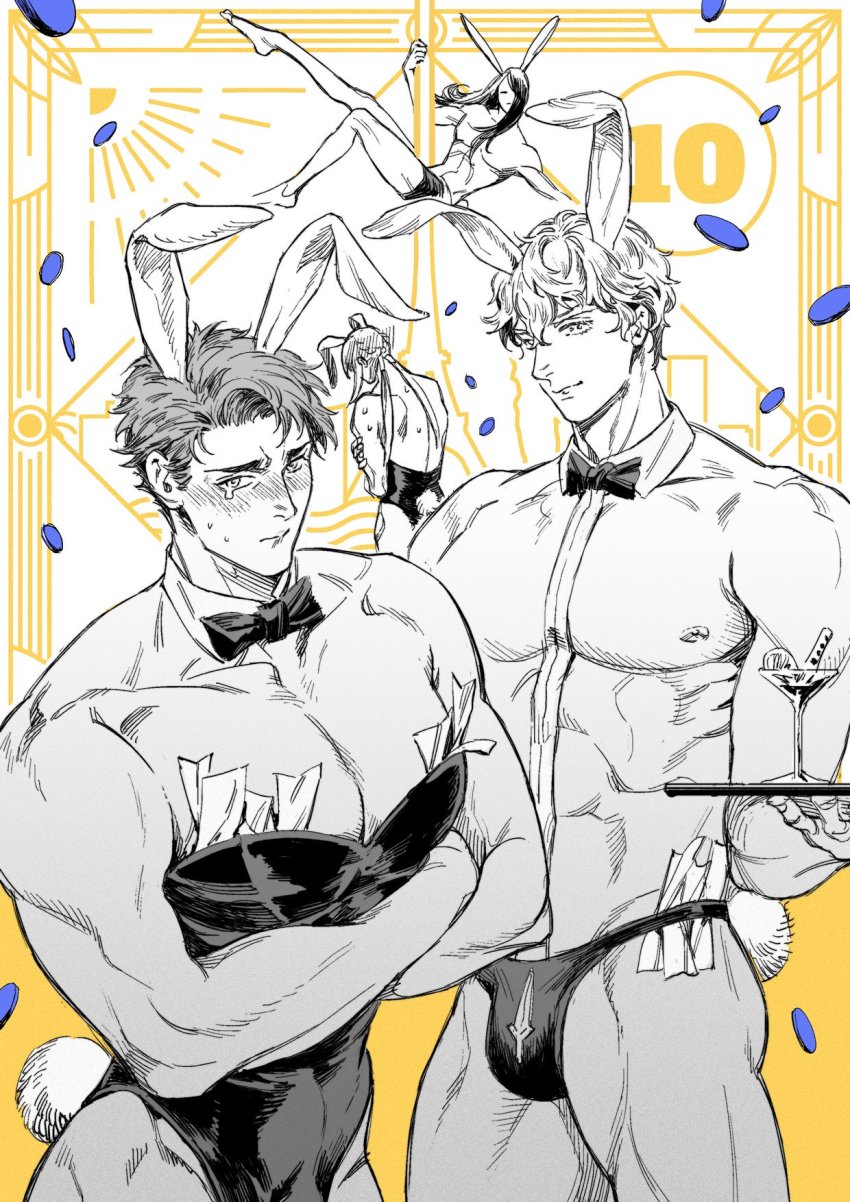 4boys, animal_ears, bedivere_(fate), bikini_briefs, blush, chiamo_(lmc_clm), closed_mouth, cocktail_glass