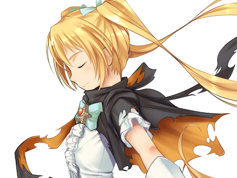 1girl, blonde_hair, bow, bowtie, brooch, cape, female_focus, frills