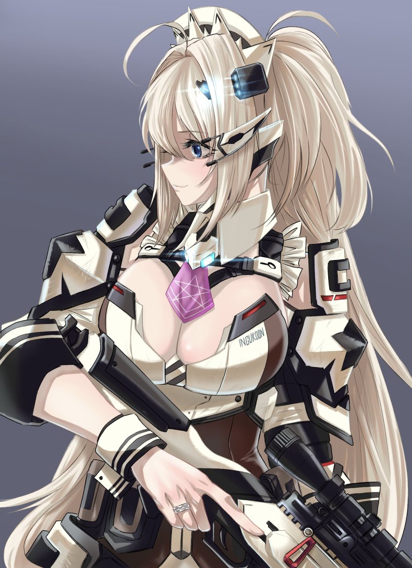 1girl, ahoge, armor, blonde_hair, blue_eyes, breasts, cleavage, commentary_request