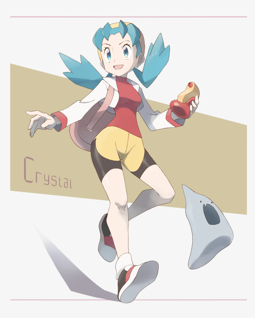 1girl, animon, animon_(evolved_ditto), bike_shorts, blue_eyes, blue_hair, cameltoe, character_name, gen_1_pokemon, highres, kris_(pokemon), md5_mismatch, nintendo, nomura_(buroriidesu), pokemon, pokemon_(creature), pokemon_gold/silver/crystal, pokemon_gold/silver/crystal_(prototype), prototype_design, resolution_mismatch, shoes, smile, sneakers, source_smaller, spiked_hair, twintails