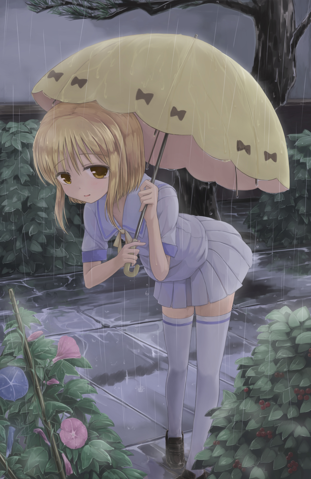 1girl, black_footwear, blonde_hair, bush, female_focus, flower, fruits_basket, grey_sky, hidarikata, highres, leaning_forward, looking_at_viewer, morning_glory, outdoors, rain, sailor_collar, school_uniform, skirt, sky, solo, souma_kisa, standing, thighhighs, tree, umbrella, white_thighhighs, yellow_eyes, yellow_umbrella