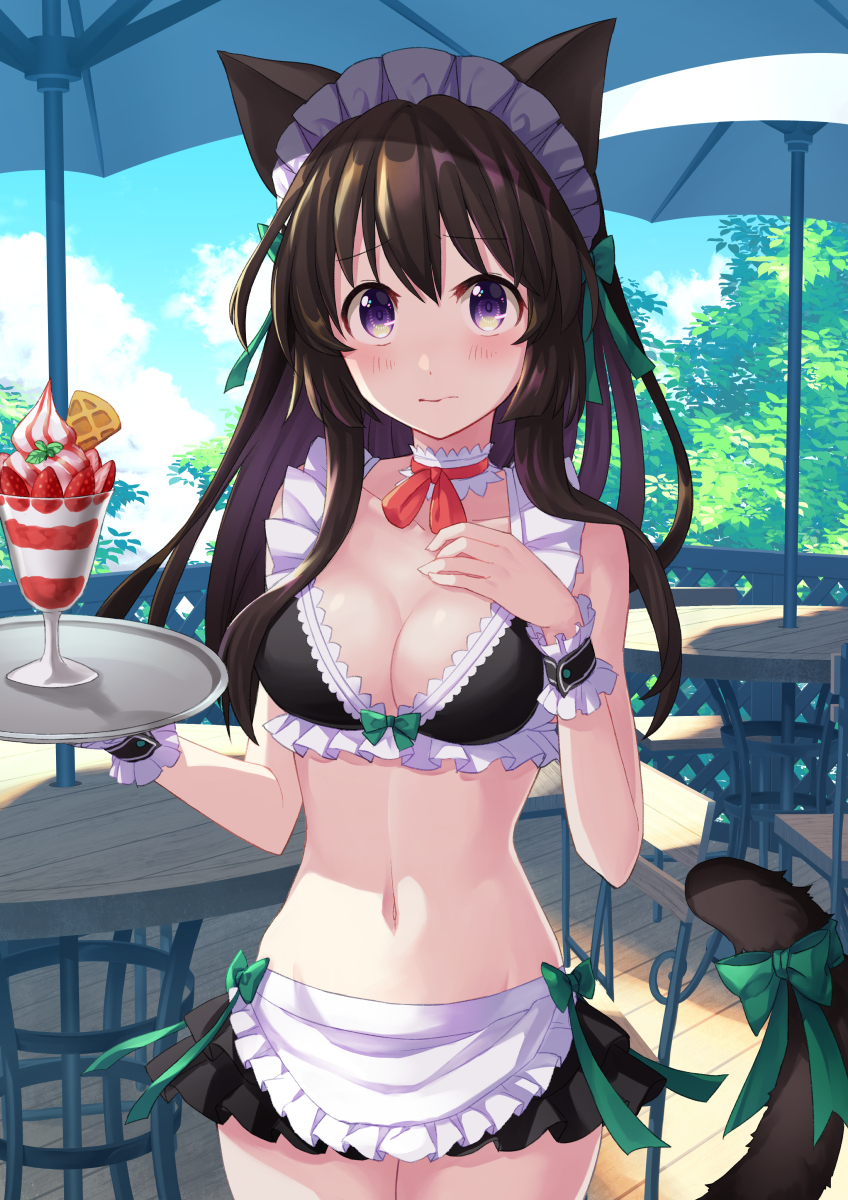 1girl, animal_ears, apron, bikini, black_bikini, black_skirt, blush, bow