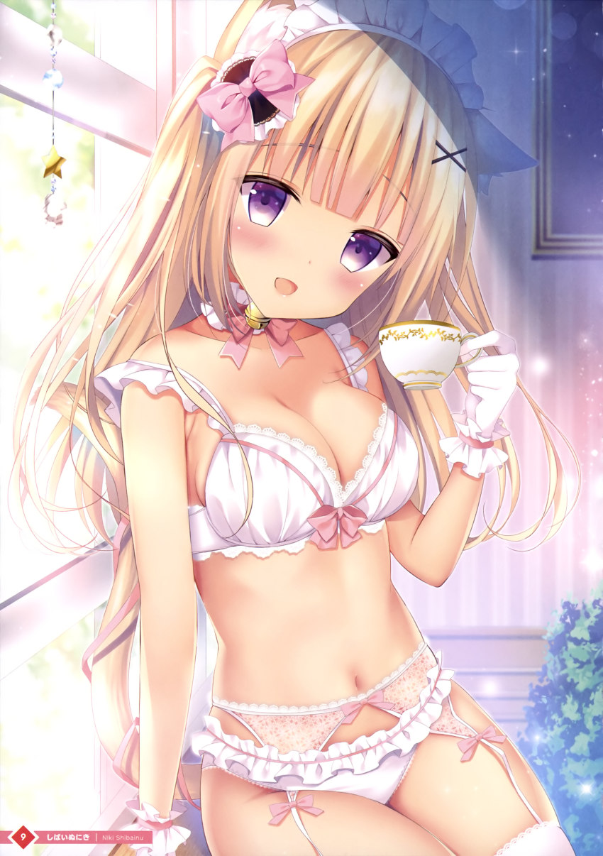 1girl, :d, absurdres, animal_ear_fluff, animal_ears, bell, blonde_hair, bow