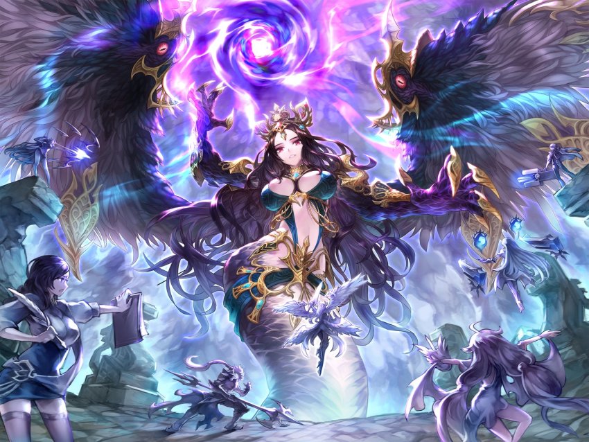 2boys, 6+girls, ahoge, angel_wings, aselica, battle, black_hair, bow, breasts, chase_(king's_raid), crow_(king's_raid), evil_eyes, floating, flying, giant, giantess, glasses, gun, holding, holding_gun, holding_polearm, holding_spear, holding_weapon, kara_(king's_raid), king's_raid, large_breasts, long_hair, looking_down, magic, monster_girl, multiple_boys, multiple_girls, official_art, polearm, ponytail, purple_hair, quill, red_eyes, shamilla, shea_(king's_raid), snake_tail, spear, tail, thighhighs, veronica_(king's_raid), very_long_hair, weapon, wings, xanadus, zettai_ryouiki