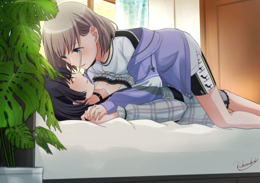 2girls, absurdres, bike_shorts, black_hair, blue_eyes, brown_eyes, choker, commentary_request