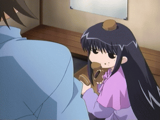 00s, 1boy, 1girl, animated, animated_gif, black_eyes, cookie, food, food_on_face, food_on_head, indoors, kurosaki_sayoko, long_hair, lowres, mahoraba, object_on_head, qvga, shiratori_ryuushi, sitting