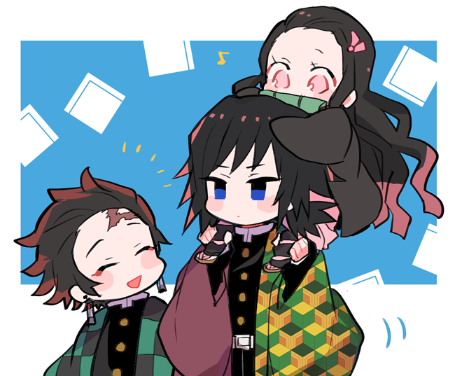 1girl, 2boys, ^^^, amesawa_mokke, bad_id, bad_pixiv_id, bamboo, belt, bit_gag, black_hair, blue_background, blue_eyes, blush_stickers, brown_hair, carrying, checkered_haori, chibi, cowboy_shot, earrings, gag, hair_ribbon, hair_slicked_back, hanafuda, haori, japanese_clothes, jewelry, kamado_nezuko, kamado_tanjirou, kimetsu_no_yaiba, long_hair, long_sleeves, looking_at_another, multicolored_hair, multiple_boys, musical_note, open_mouth, piggyback, pink_eyes, red_hair, ribbon, sandals, scar, scar_on_face, simple_background, smile, tomioka_giyuu, two-tone_hair, wide_sleeves