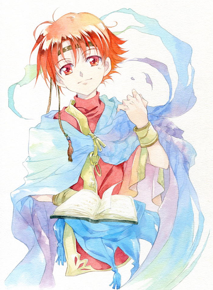 1boy, agahari, blue_cape, book, bracelet, calligraphy_brush_(medium), cape, ewan_(fire_emblem)
