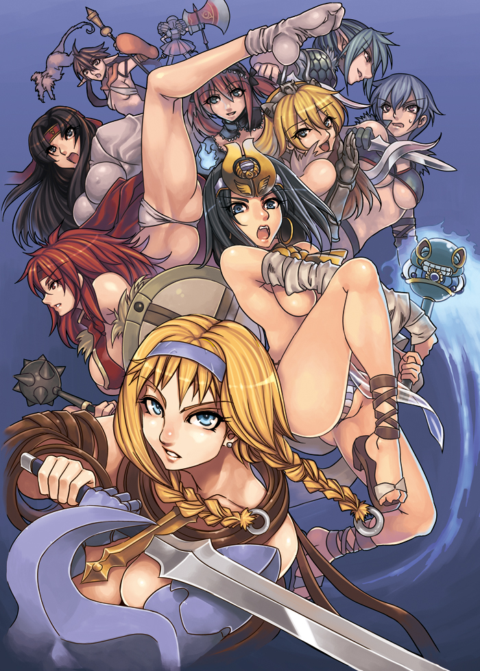 00s, 6+girls, airi_(queen's_blade), airi_(the_infernal_temptress), ancient_princess_menace, armor, black_hair, blonde_hair, blue_eyes, breasts, captain_of_the_royal_guard_elina, earrings, echidna_(queen's_blade), elina_(queen's_blade), everyone, exiled_warrior_leina, fang_assassin_irma, feet, forest_keeper_nowa, hairband, high_heels, huge_breasts, irma_(queen's_blade), iron_princess_ymir, japanese_clothes, jewelry, leina_(queen's_blade), long_legs, mace, menace_(queen's_blade), miko, mizuryu_kei, monkey, multiple_girls, musha_miko_tomoe, nowa_(queen's_blade), panties, partially_visible_vulva, pointy_ears, queen's_blade, red_hair, risty_(queen's_blade), ruu_(queen's_blade), sandals, setra, shoes, socks, sword, tomoe_(queen's_blade), underwear, veteran_mercenary_echidna, weapon, wilderness_bandit_risty, ymir_(queen's_blade)