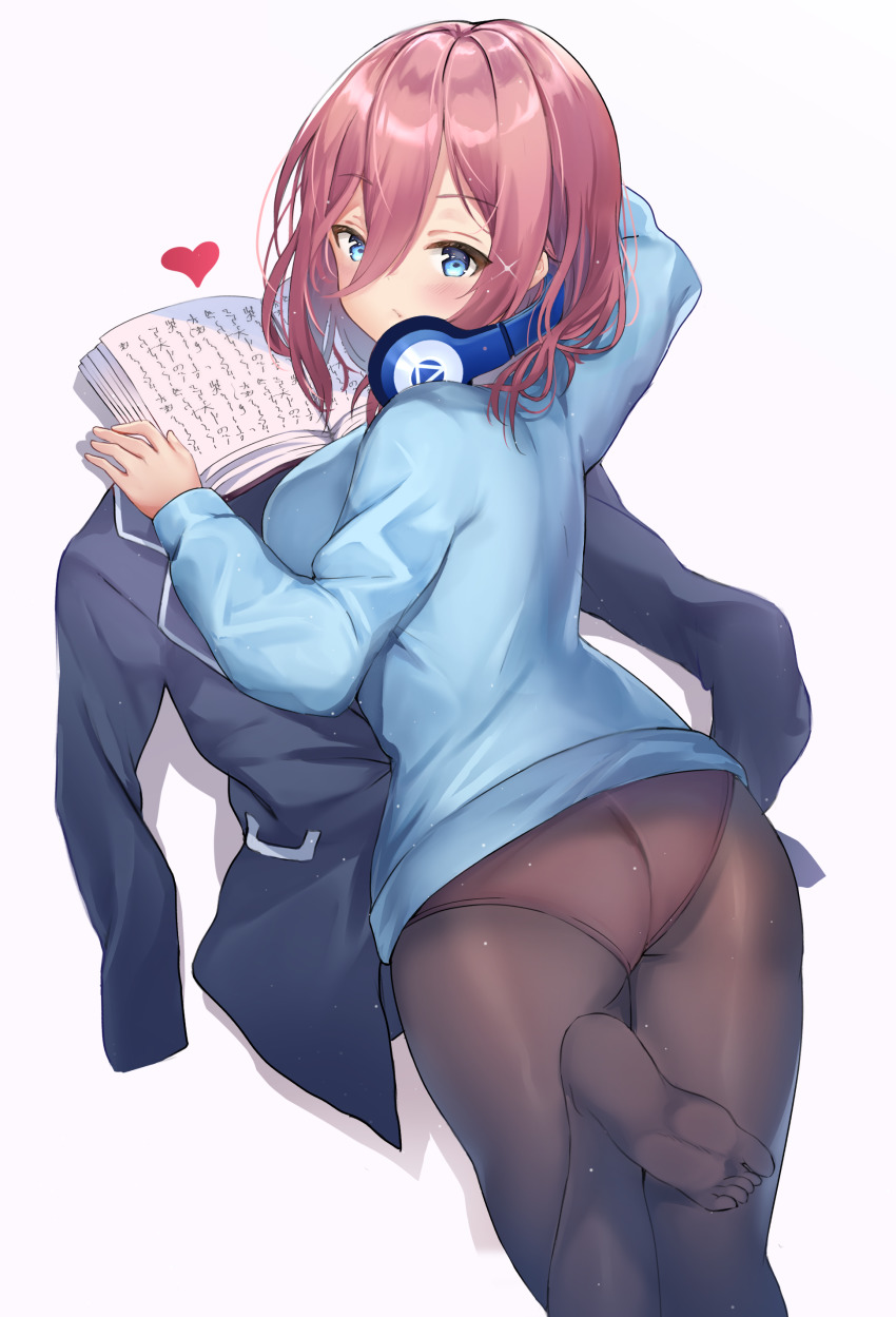 1girl, absurdres, ass, black_jacket, blue_eyes, blue_sweater, blush, book