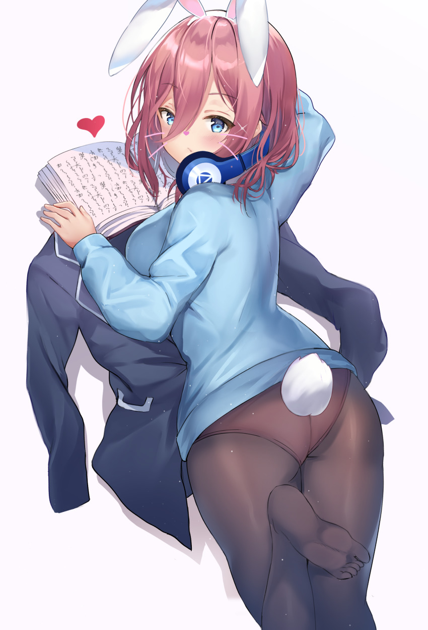 1girl, absurdres, animal_ears, ass, black_jacket, blue_eyes, blue_sweater, blush