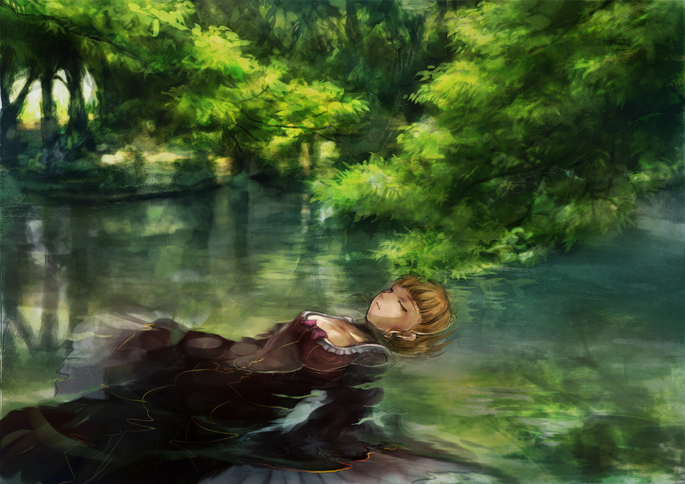 1girl, afloat, beatrice_(umineko), blonde_hair, closed_eyes, dress, female_focus, fine_art_parody