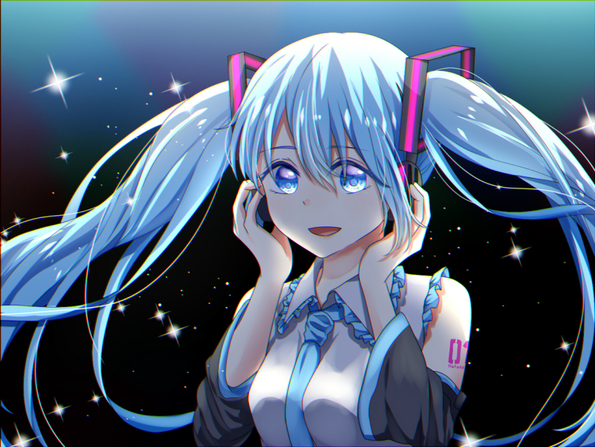 1girl, absurdly_long_hair, anniversary, aqua_eyes, aqua_hair, artist_name, artist_request, bare_shoulders