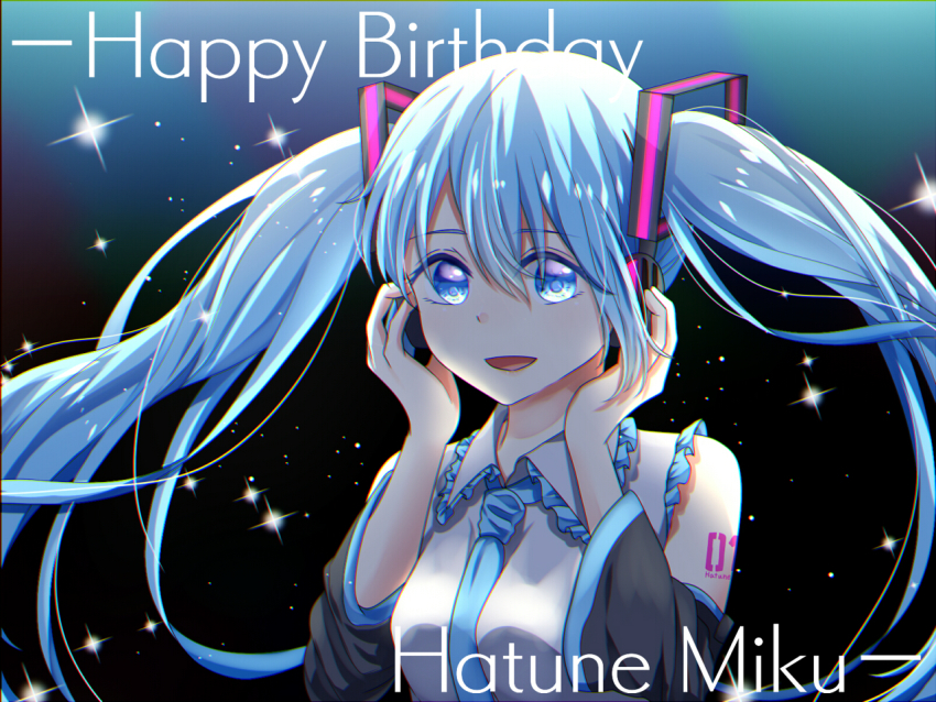 1girl, absurdly_long_hair, anniversary, aqua_eyes, aqua_hair, artist_name, artist_request, bare_shoulders, blue_eyes, blue_hair, blue_necktie, breasts, collared_shirt, dress_shirt, female_focus, floating_hair, grey_shirt, hair_between_eyes, hair_ornament, hands_on_cheeks, hands_on_own_cheeks, hands_on_own_face, hatsune_miku, hinanorion, long_hair, looking_at_viewer, medium_breasts, necktie, shirt, sideboob, sleeveless, sleeveless_shirt, smile, solo, tattoo, thighhighs, twintails, very_long_hair, vocaloid, wing_collar, zettai_ryouiki