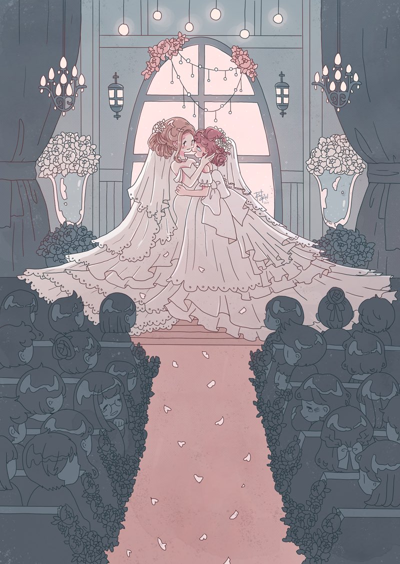 6+girls, blunt_bangs, curtains, dress, flower, glasses, hair_bun, hand_on_another's_hip, heart, kaiami_(kaia_tseng), light_brown_hair, limited_palette, long_dress, long_hair, medium_hair, multiple_girls, original, petals, pink_flower, red_hair, short_hair, single_hair_bun, sitting, smile, tears, wedding, wedding_dress, white_flower, wife_and_wife, window, yuri