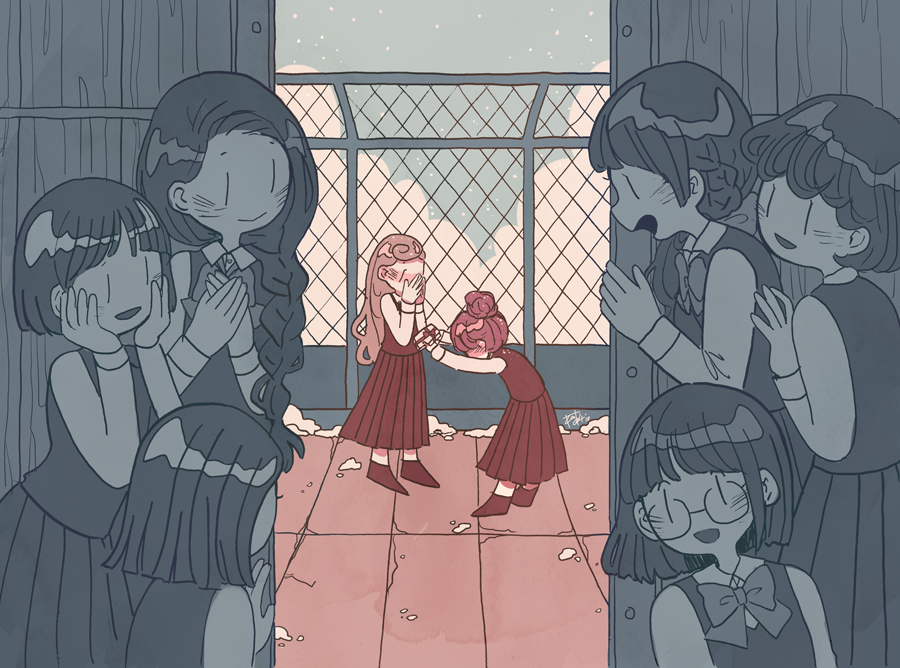 6+girls, black_skirt, blunt_bangs, blush, bow, braid, braided_ponytail, fence