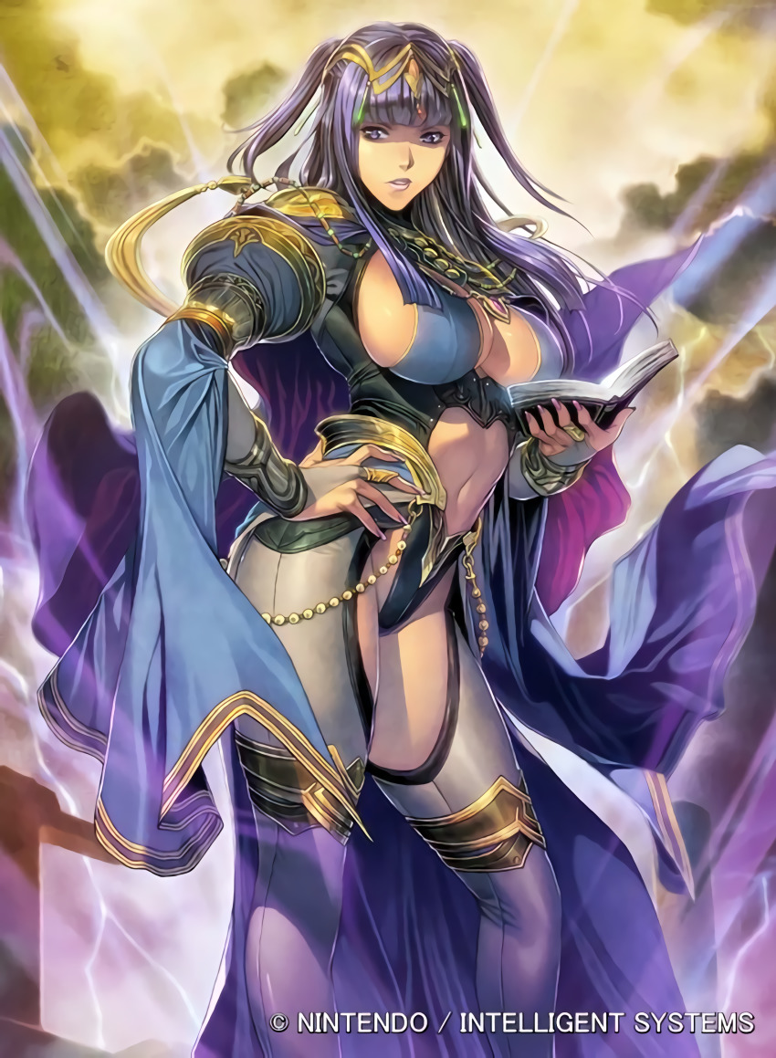 1girl, absurdres, adapted_costume, alternate_costume, black_hair, blue_eyes, blue_hair, blunt_bangs, book, breasts, cape, center_opening, cleavage, cleavage_cutout, clothing_cutout, contrapposto, detached_sleeves, electricity, energy, female_focus, fire_emblem, fire_emblem_awakening, fire_emblem_cipher, gloves, glowing, gradient_background, hand_on_own_hip, highres, homare_(fool's_art), jewelry, large_breasts, lingerie, long_hair, looking_at_viewer, matching_hair/eyes, mature_female, navel, nintendo, official_art, open_book, open_mouth, parted_lips, purple_eyes, purple_hair, red_eyes, revealing_clothes, sideboob, sketch, solo, sorcerer_(fire_emblem_awakening), tharja_(fire_emblem), thighhighs, tiara, two_side_up, underwear, wide_sleeves, witch