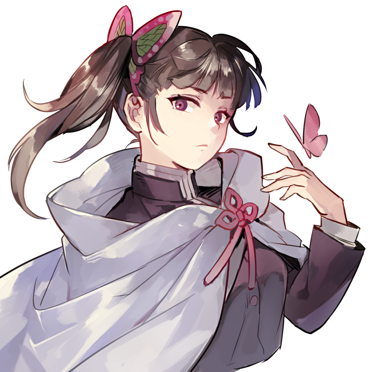 1girl, brown_hair, bug, butterfly, butterfly_hair_ornament, cloak, coat, expressionless, female_focus, hair_ornament, high_collar, insect, kimetsu_no_yaiba, long_sleeves, looking_at_viewer, mesme, purple_eyes, short_hair, side_ponytail, simple_background, solo, tsuyuri_kanao, upper_body, white_background
