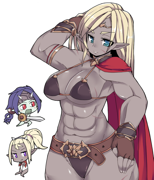 3girls, abs, anatolia_(sennen_sensou_aigis), arm_behind_head, belt, bestla_(sennen_sensou_aigis), blonde_hair, blue_eyes, breasts, brown_gloves, cape, chibi, colored_skin, dark-skinned_female, dark_skin, doula_(sennen_sensou_aigis), female_orc, fingerless_gloves, gloves, green_skin, hand_on_own_hip, large_breasts, long_hair, multiple_girls, nemui_(nemui), orc, pointy_ears, ponytail, purple_eyes, purple_hair, red_eyes, scar, scar_on_face, sennen_sensou_aigis, simple_background, white_background