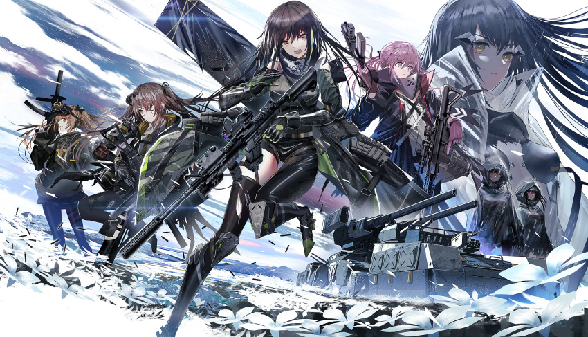 404_(girls'_frontline), 5girls, 6+girls, anti-rain_(girls'_frontline), ar-15, assault_rifle, bandana, brown_hair