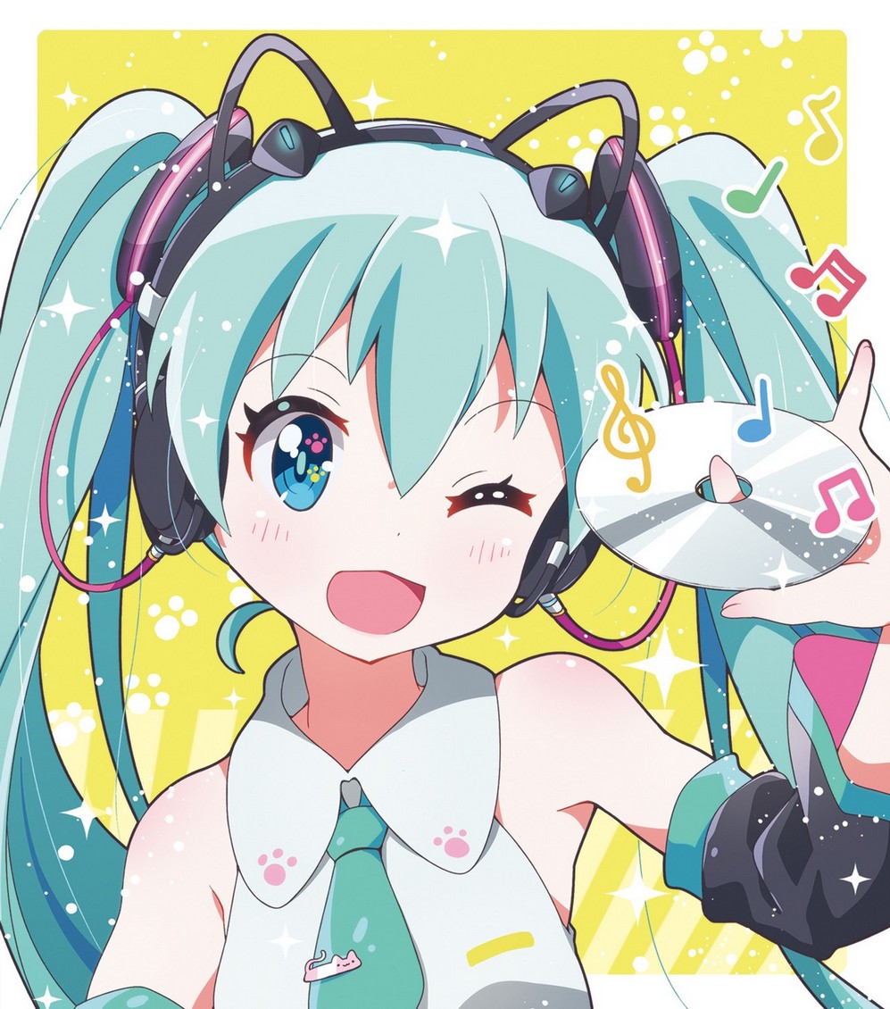 1girl, animal_ear_headphones, animal_ears, animal_hands, aqua_eyes, aqua_hair, aqua_necktie, bare_shoulders