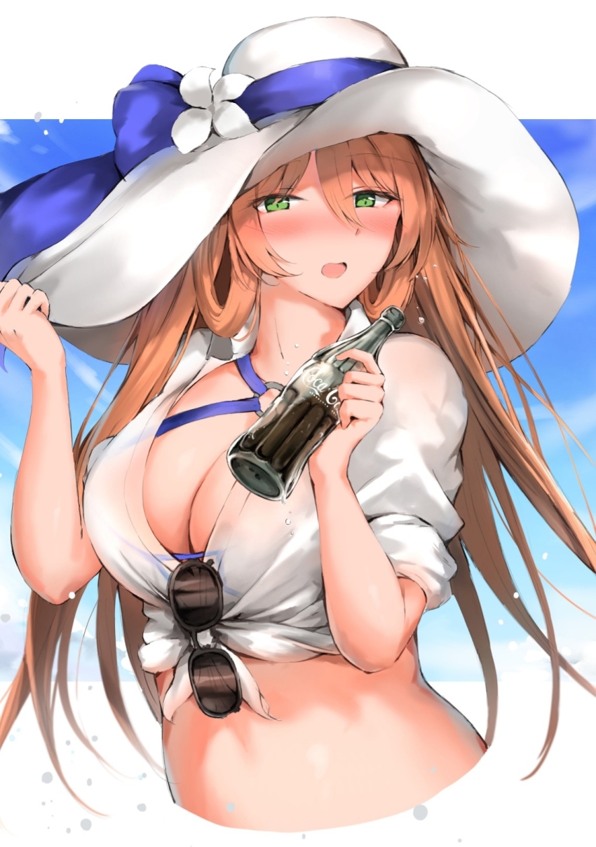 1girl, bad_id, bad_pixiv_id, blue_ribbon, blue_sky, border, breasts, brown_hair, cleavage, cloud, coca-cola, female_focus, flower, girls'_frontline, green_eyes, hair_rings, hat, hat_ribbon, hibiscus, highres, large_breasts, long_hair, navel, o-ring, o-ring_top, official_alternate_costume, open_mouth, ponytail, ribbon, sarong, sidelocks, sky, solo, springfield_(girls'_frontline), springfield_(senjuushi), springfield_(stirring_mermaid)_(girls'_frontline), sun_hat, sunglasses, sunglasses_removed, syotastar, unworn_eyewear, white_border