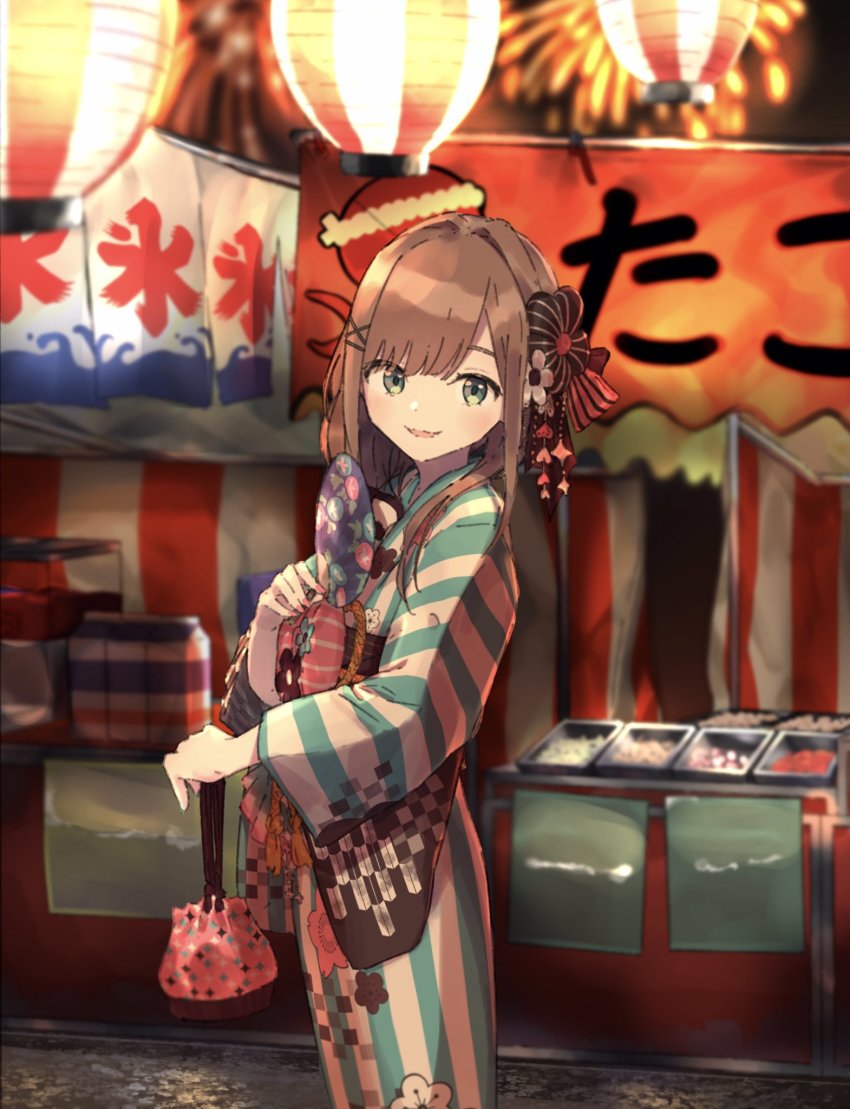 1girl, blue_eyes, blue_kimono, blue_nails, blurry, blurry_background, blush, bow