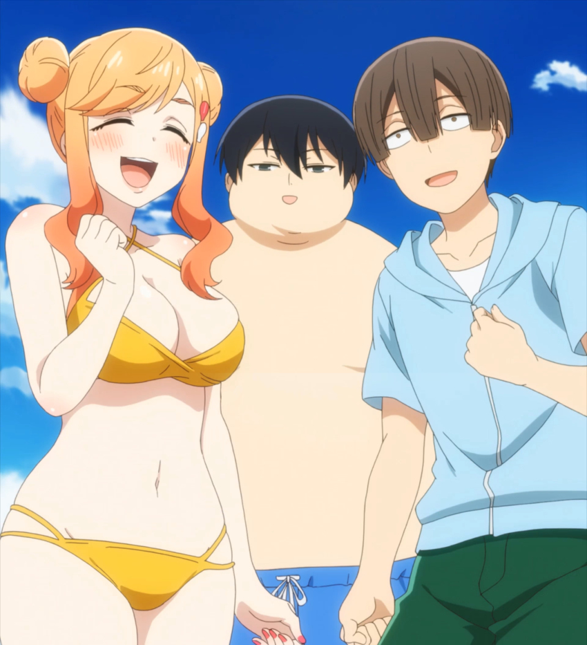 1girl, 2boys, assistant_(tejina_senpai), bikini, blush, breasts, cleavage, cloud