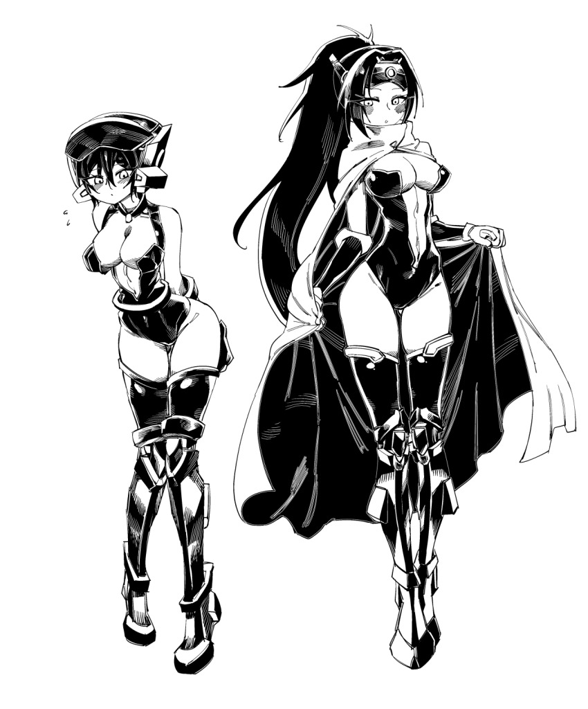 2girls, bad_id, bad_pixiv_id, black_hair, blush, boots, breasts, cape