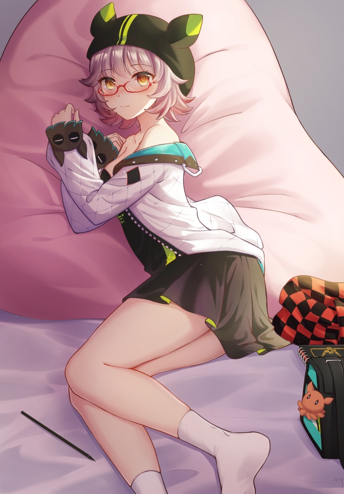 1girl, arknights, bag_charm, bare_shoulders, black_dress, black_hat, blush, breasts