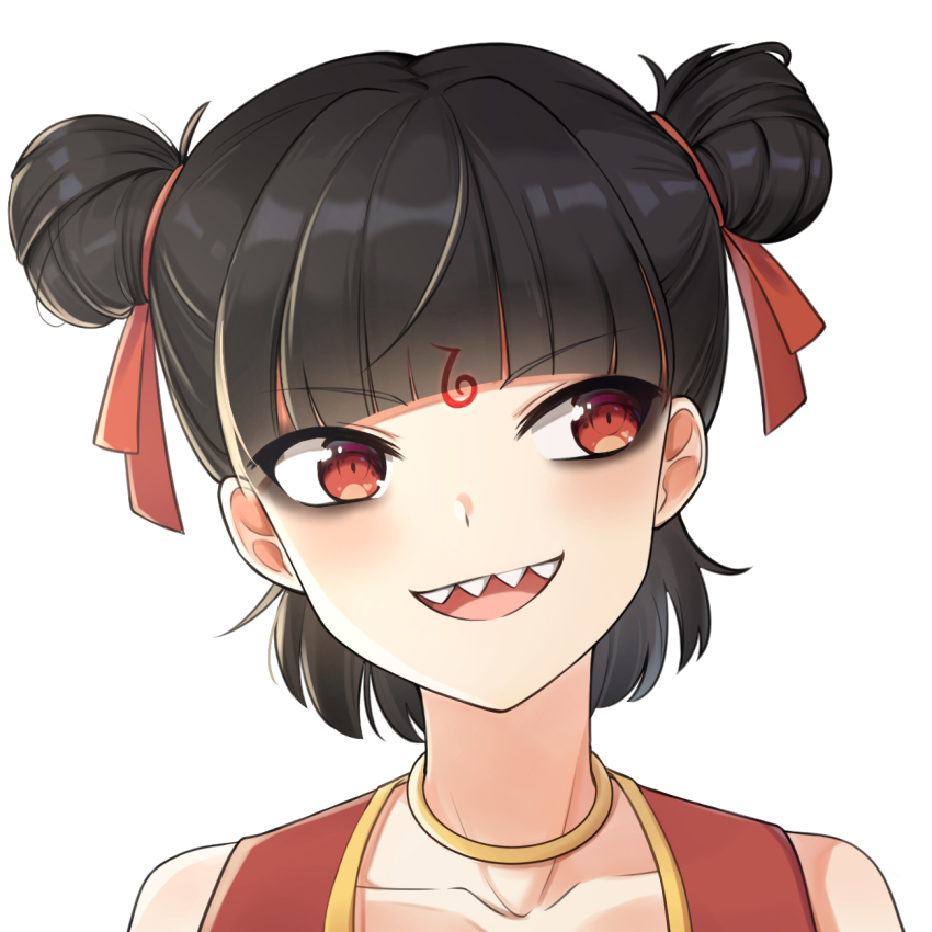 1boy, bare_shoulders, black_hair, collarbone, commentary_request, double_bun, facial_mark, forehead_mark