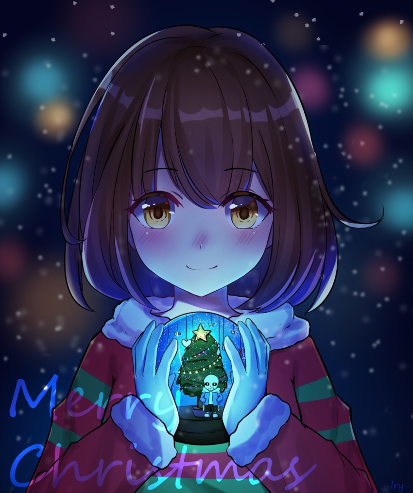 androgynous, blue_footwear, blue_jacket, blurry, blurry_background, blush, brown_hair, christmas_tree