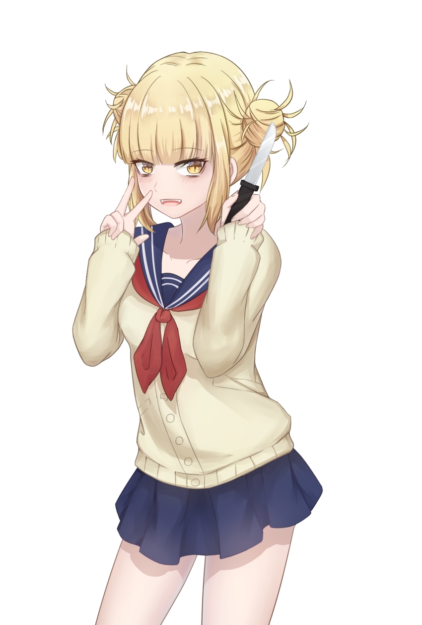 1girl, blonde_hair, blue_skirt, blunt_bangs, blush, boku_no_hero_academia, breasts, cardigan