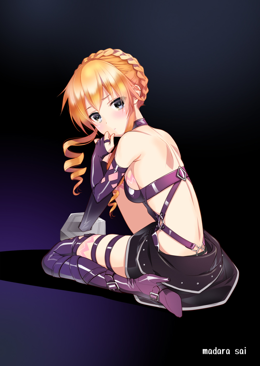 1girl, artist_name, backless_outfit, belt_boots, blonde_hair, blue_eyes, boots, breasts