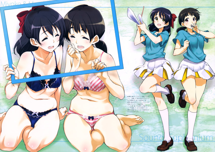 2girls, :d, ^_^, absurdres, black_hair, blue_bra, blue_hair, blue_panties, blue_shirt, bow, bow_bra, bow_panties, bra, breasts, brown_eyes, brown_footwear, character_name, cleavage, closed_eyes, copyright_name, hair_bow, hibike!_euphonium, highres, holding, kneehighs, kurashima_tomoyasu, loafers, long_hair, looking_at_viewer, low_ponytail, miniskirt, multiple_girls, multiple_views, oono_miyoko, open_mouth, panties, pleated_skirt, ponytail, red_bow, sakai_masako, shirt, shoes, short_sleeves, sitting, skirt, small_breasts, smile, socks, standing, standing_on_one_leg, striped_bra, striped_clothes, striped_panties, underwear, underwear_only, white_skirt, white_socks, yellow_eyes