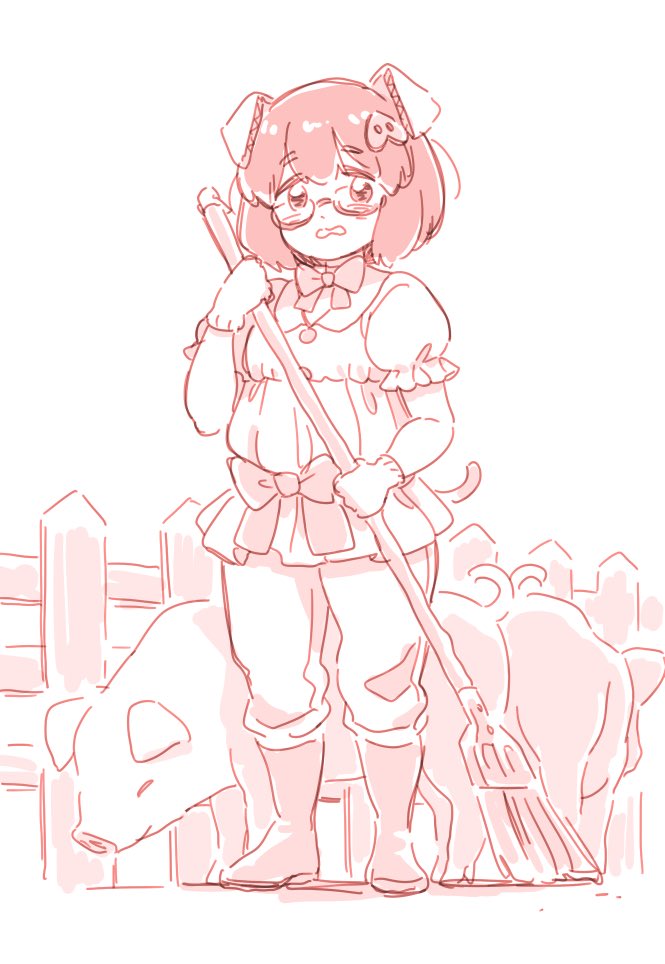 animal_ears, boots, bow, bowtie, broom, cleaning, commentary, cosplay, fake_animal_ears, frilled_shirt, frilled_skirt, frills, glasses, gloves, kemono_friends, mitsumoto_jouji, monochrome, one_erika, original, pants, pig, pig_(kemono_friends), pig_(kemono_friends)_(cosplay), pig_ears, pig_nose, pig_tail, puffy_short_sleeves, puffy_sleeves, shirt, short_hair, short_sleeves, skirt, solo, tail, wavy_mouth