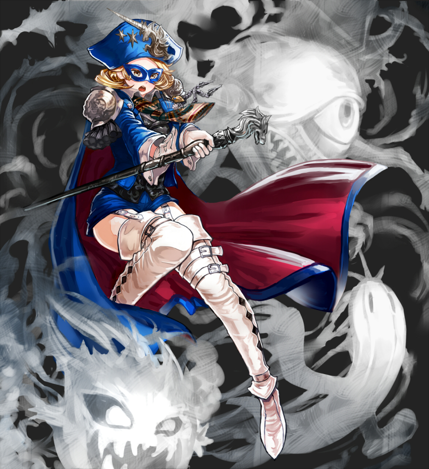 1girl, ahriman, armor, bicorne, blonde_hair, blue_cape, blue_headwear, blue_mage_(final_fantasy)