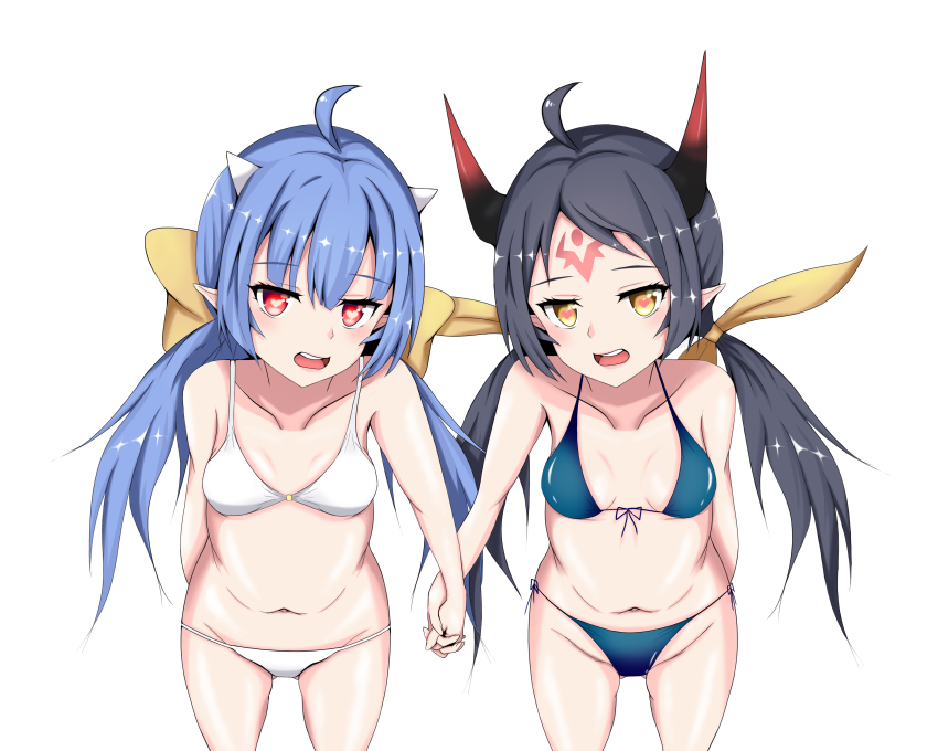 absurdres, apocalypse_ravi_(epic_seven), bikini, black_hair, blue_hair, breasts, epic_seven, hair_ribbon