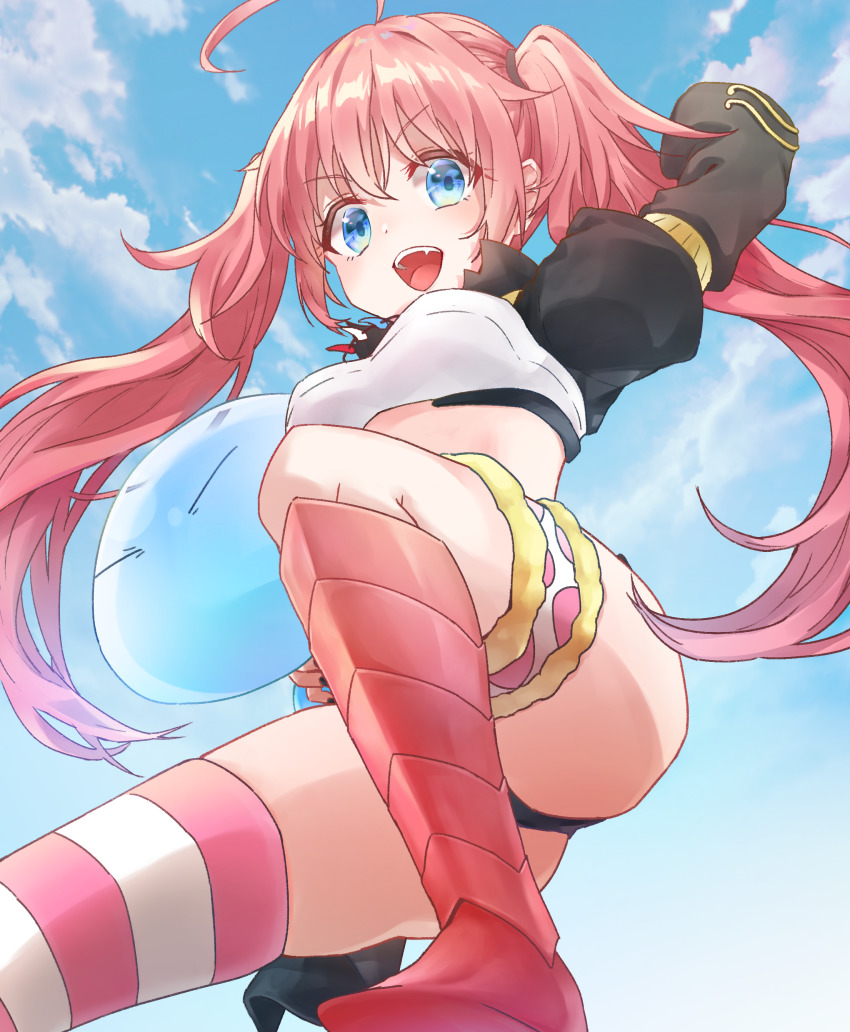 1girl, absurdres, ahoge, blue_eyes, boots, fang, female_focus, gintama_10102, highres, long_hair, milim_nava, panties, pink_boots, pink_hair, rimuru_tempest_(slime), slime_(creature), solo, striped_clothes, striped_thighhighs, tagme, tensei_shitara_slime_datta_ken, thighhighs, twintails, underwear